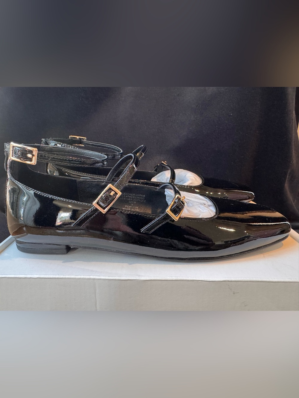 Quince Black Patent Mary Jane Flats with Gold Buckles